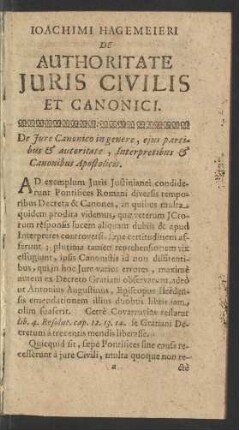 Ioachimi Hagemeieri De Authoritate Iuris Civilis Et Canonici