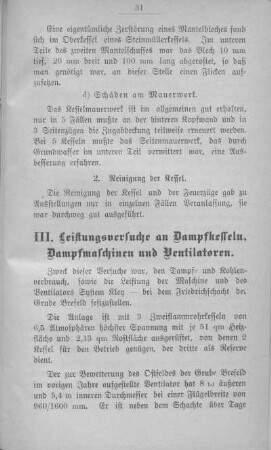 III. Leistungsversuche an Dampfkesseln, Dampfmaschinen und Ventilatoren