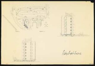 Wohnhochhaus, Emslebener Straße Hindenburg Straße: Lageplan 1:1000, Ansicht von Norden, Ansicht von Süden
