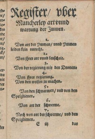Register/ vber Mancherley art vnnd wartung der Jmmen.