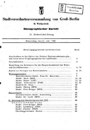 Nr. 22, 21. Juli 1949, Ordentliche Sitzung