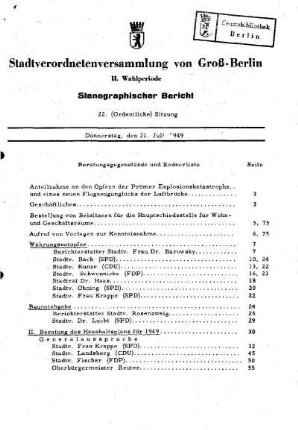 Nr. 22, 21. Juli 1949, Ordentliche Sitzung