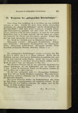 Programm der "pädagogischen Unterhaltungen"