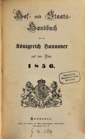 Hof- und Staatshandbuch für das Königreich Hannover, 1856