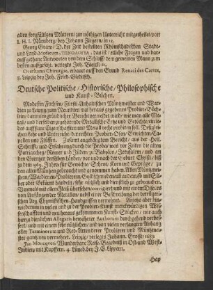 Teutsche Politische/ Historische/ Philosophische und Kunst-Bücher.
