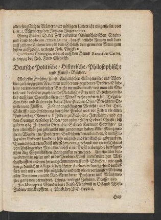 Teutsche Politische/ Historische/ Philosophische und Kunst-Bücher.