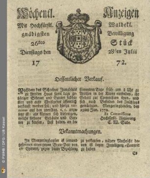 26tes Stueck, Dienstags den 28sten Julii 1772