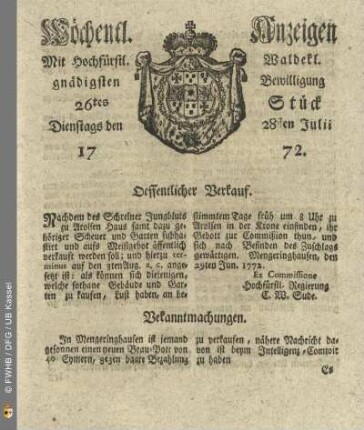 26tes Stueck, Dienstags den 28sten Julii 1772