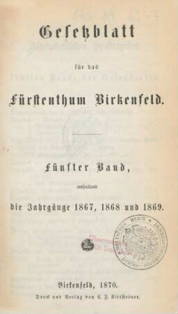 5.1867/69: Gesetzblatt für das Fürstenthum Birkenfeld