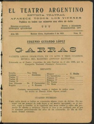 1921005100: Garras : sainete lírico dramático, en un acto y tres cuadros
