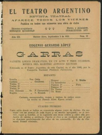 1921005100: Garras : sainete lírico dramático, en un acto y tres cuadros