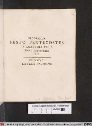 Programma Festo Pentecostes In Academia Ivlia Anno MDCCXXII P. P.