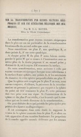 Sur la transformation par rayons vecteurs réciproques et sur une génération mécanique des quadriques.