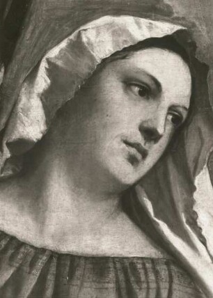 Maria mit dem Kind und vier Heiligen : Gemälde "Maria mit dem Kind und vier Heiligen", Ausschnitt: Kopf der Maria (um 1516/1520, T. Vecellio; Pappelholz; 138 x 191 cm; Staatliche Kunstsammlungen Dresden (SKD))