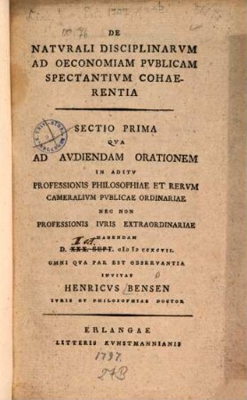 De naturali disciplinarum ad oeconomiam publicam spectantium cohaerentia