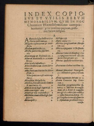 Index Copiosus Et Utilis Rerum Memorabilium, Quae In Hoc Chronico Hierosolymitano comprehenduntur ...