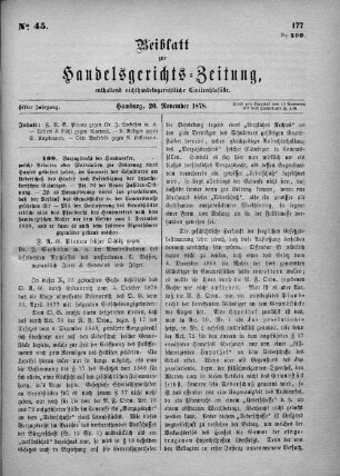 Beiblatt zur hamburgischen Handelsgerichts-Zeitung No. 45. Elfter Jahrgang. Hamburg, 20. November 1878.