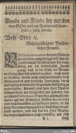 Gnade und Friede sey mit ihm von Gott unserm Vatter und dem Herrn Jesu Christo