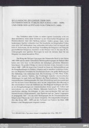 Bulgarische Zeugnisse Über Den Österreichisch-Türkischen Krieg (1683-1699) Und Über Den Aufstand Von Čıprovci (1688)