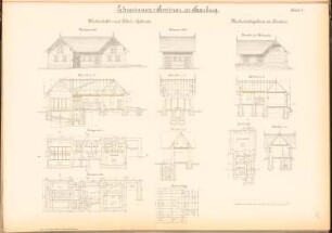 Lehrerinnenseminar, Saarburg: Wirtschafts- und Abortgebäude: Vorderansicht, Seitenansicht, Schnitte, Grundrisse Fundamente, EG, Sparrenlage