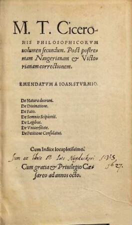 M. T. Ciceronis Librorvm Philosophicorum uolumen ..., 2. De natura deorum