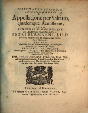 Disp. iur. inaug. de appellatione per saltum eiusdemque remissione