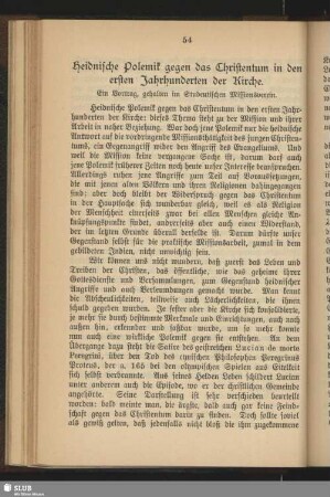 Heidnische Polemik gegen das Christentum in den ersten Jahrhunderten der Kirche : ein Vortrag, gehalten im Studentischen Missionsverein