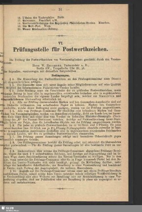 VI. Prüfstelle für Postwerthzeichen