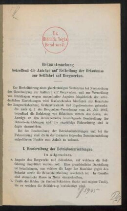 Bekanntmachung betreffend die Anträge auf Ertheilung der Erlaubniss zur Seilfahrt auf Bergwerken