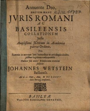 Brevem Hanc Jvris Romani Ac Basileensis Collationem