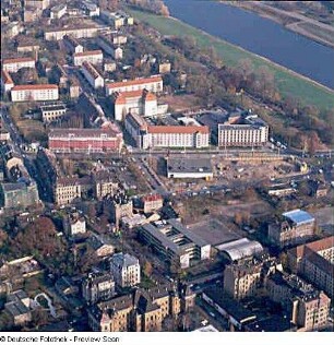 Dresden-Neustadt. Blick über Unteren Kreuzweg, Hospital-, Glacis-, Tieck- und Melanchthonstraße, Hoyerswerdaer Straße und Carusufer sowie über die Elbe