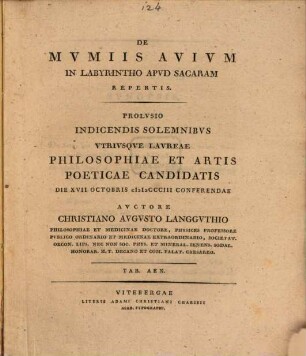 De Mvmiis Avivm In Layrintho Apvd Sacaram Repertis : Prolvsio