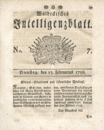 No. 7, Dienstag, den 13. Februarius 1798