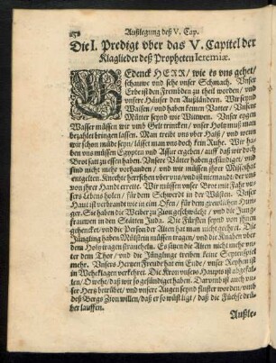 Die I. Predigt uber das V. Capitel der Klaglieder deß Propheten Ieremiae.