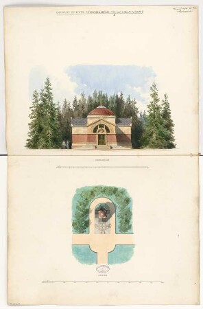 Erbbegräbnis, Langhelwigsdorf Monatskonkurrenz August 1884: Lageplan 1:300, Aufriss Vorderansicht 1:75; 2 Maßstabsleisten