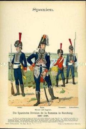 Uniformdarstellung, Soldat, Major, Tambour und Unteroffizier der Mineur- und Sappeur-Korps, Königreich Spanien, 1807/1808.