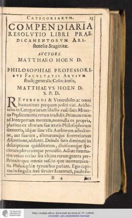 COMPENDIARIA RESOLVTIO LIBRI PRAEDICAMENTORVM ARIstotelis Stagiritae.