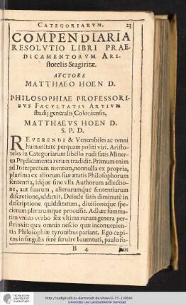 COMPENDIARIA RESOLVTIO LIBRI PRAEDICAMENTORVM ARIstotelis Stagiritae.
