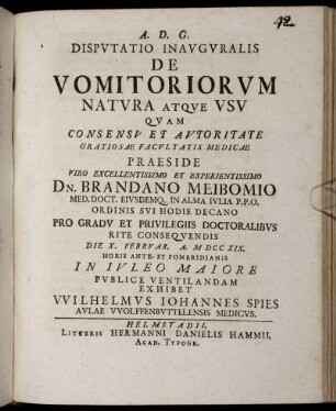 Disputatio Inauguralis De Vomitoriorum Natura Atque Usu : Die X. Februar. A. M DCC XIX.