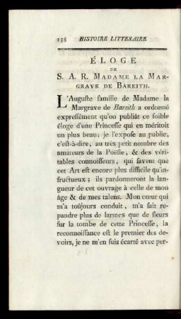 Èloge De S. A. R. Madame La Margrave De Bareith.