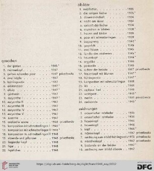 Gouachen (Nr.1-22) Ölbilder (Nr.1-24) Zeichnungen (Nr.1-10)