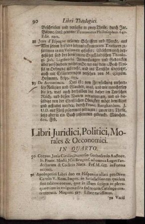 Libri Juridici, Politici, Morales & Oeconomici. In Quarto.