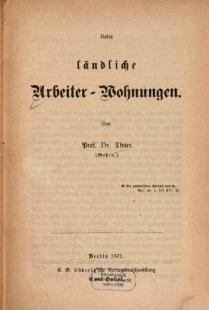 Ueber ländliche Arbeiter-Wohnungen