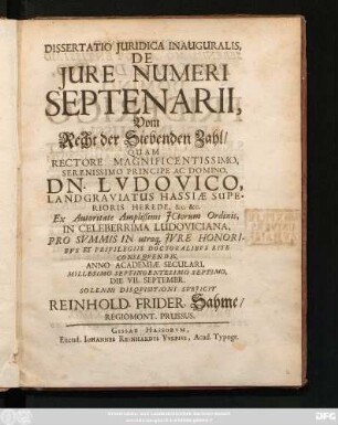 Dissertatio Juridica Inauguralis, De Jure Numeri Septenarii