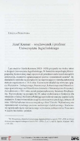 Józef Kremer – wychowanek i profesor Uniwersytetu Jagiellońskiego