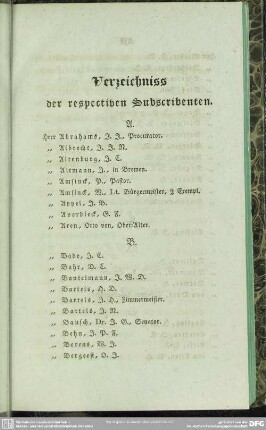 Verzeichnis der respectiven Subscribenten