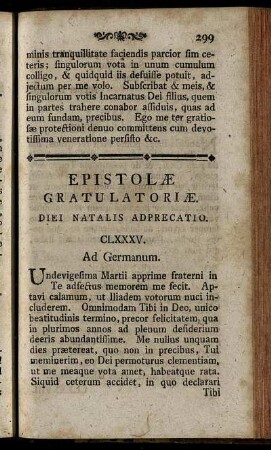 Epistolæ Gratulatoriæ. Diei Natalis Adprecatio. /CLXXXV. - CCII.