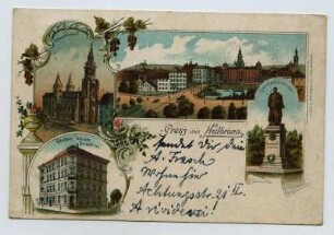 Mehrbildkarte, 4 Motive: Neckarbrücke mit Postamt 1, Kilianskirche, Gasthof "Kaiser Friedrich", Kaiser-Friedrich-Denkmal