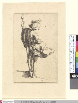 [A Soldier; Soldat in Rückansicht mit Mantel und Speer]