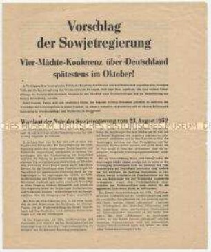 Sonderdruck mit dem Vorschlag der UdSSR zu einer Viermächtekonferenz im Oktober 1952 über einen Friedensvertrag und die Einheit Deutschlands